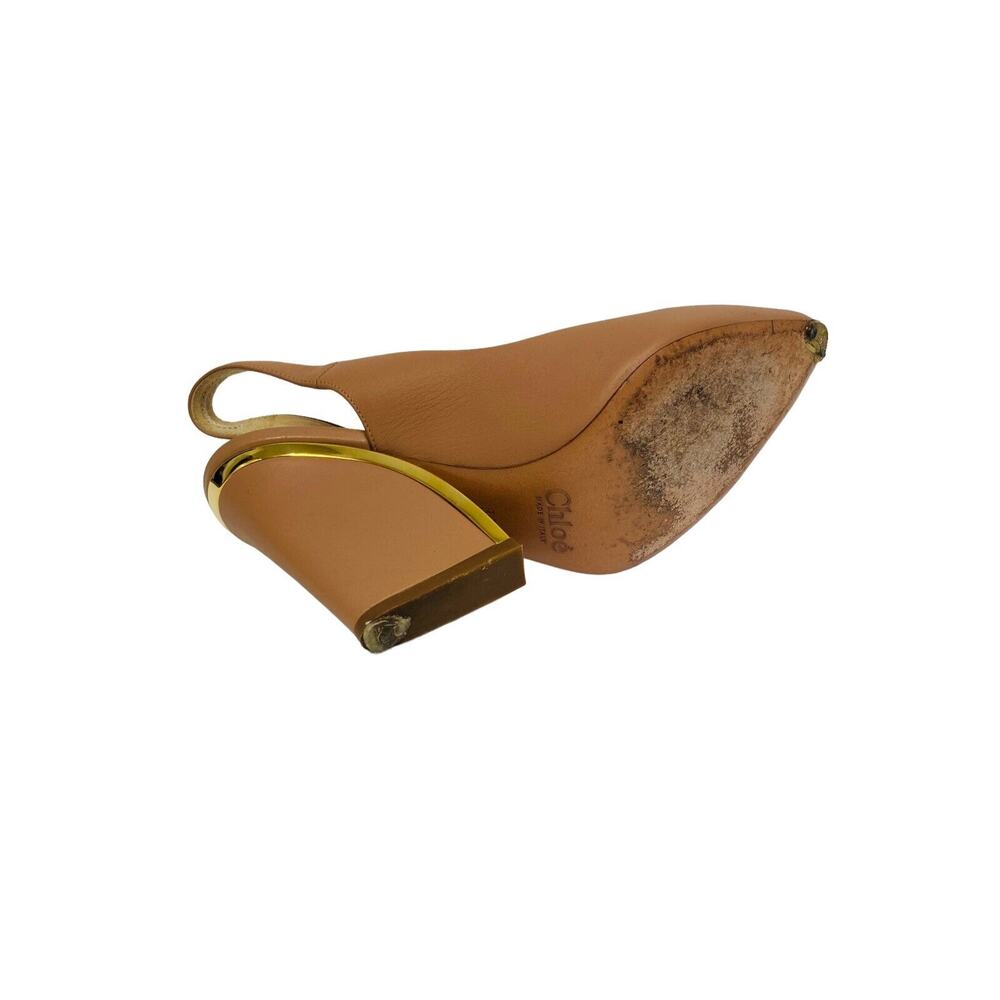 CHLOE $750 Nude Beige Leather Slingback Gold Trim Block Heel Pumps Size 36 US 6 - Picture 5 of 7